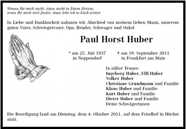 Huber Paul Horst 1937-2011 Todesanzeige